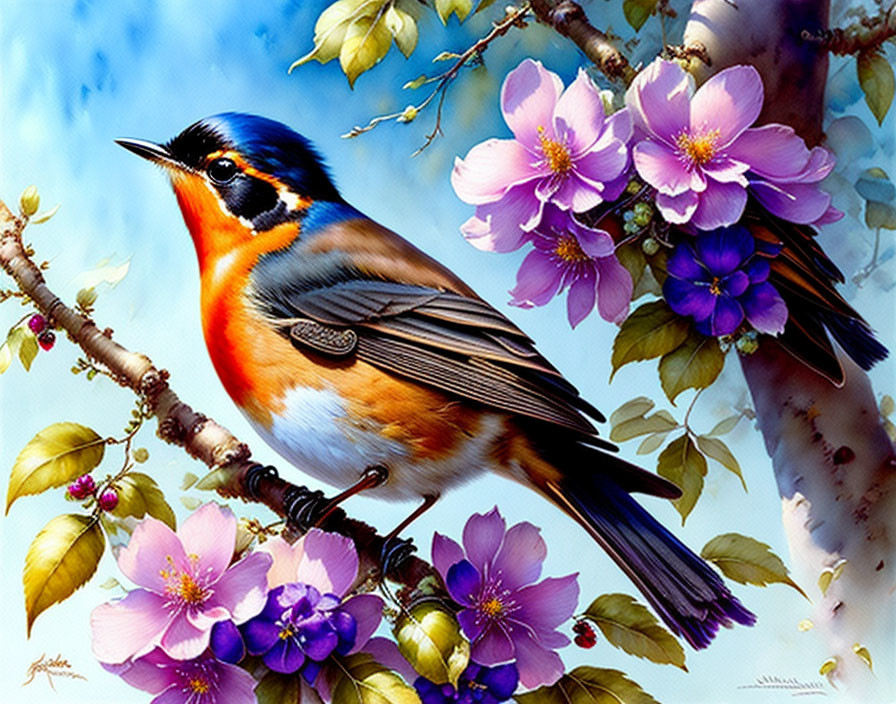 Vibrant bird with blue, orange, and black colors perched on branch amid pink blossoms