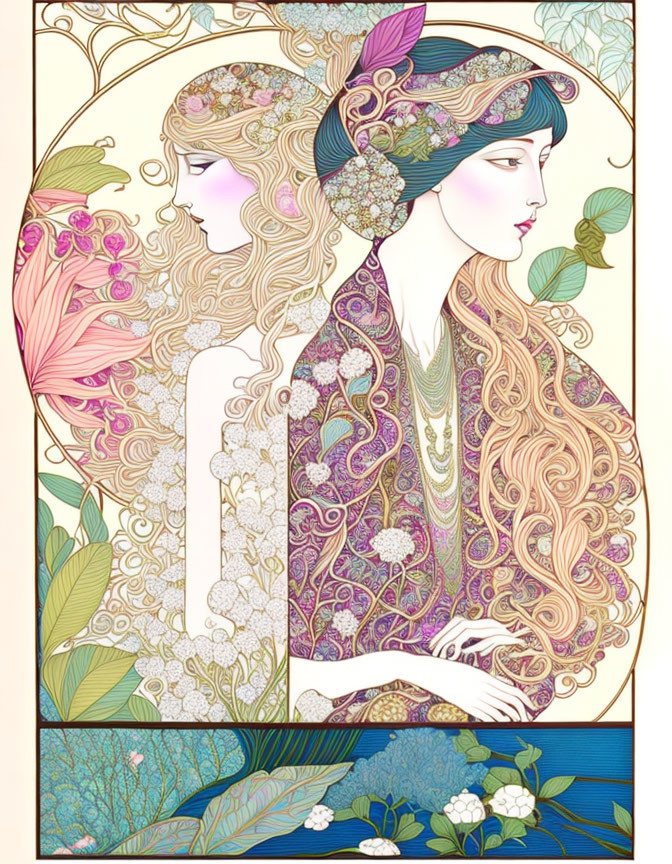 Ethereal women in Art Nouveau style with intricate floral motifs