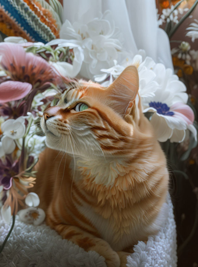 Orange Tabby Cat with Green Eyes Surrounded by White and Pink Flowers