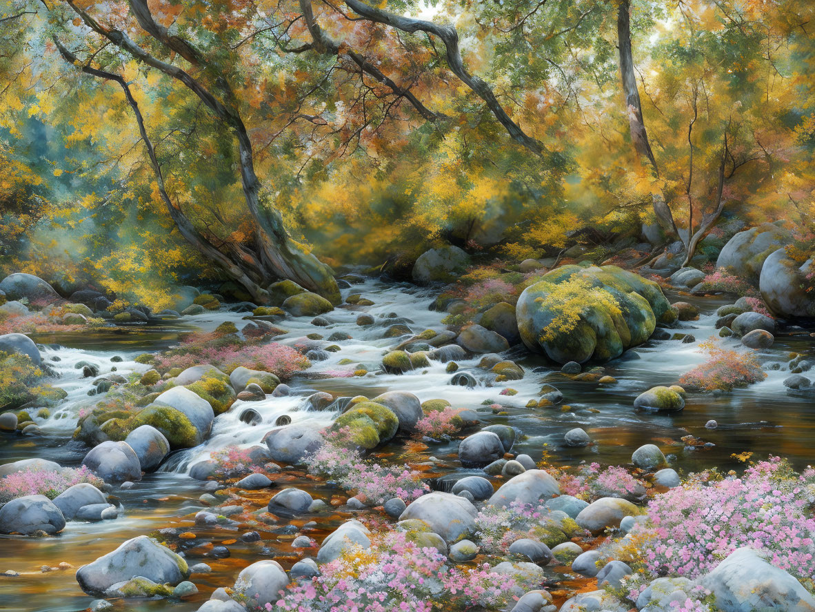 Tranquil stream in autumn forest with moss-covered rocks and vibrant foliage