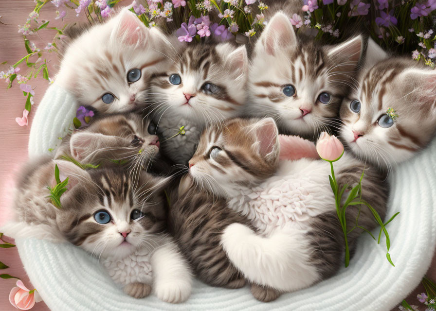 Six adorable kittens with varied coat patterns on soft blanket with pink flowers.