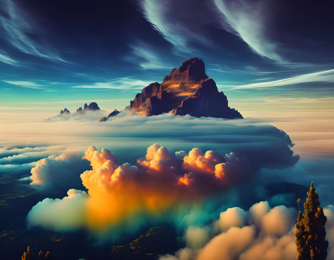 Majestic mountain peak above sea of clouds under dramatic sky