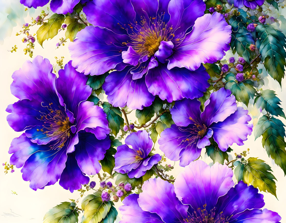 Colorful Purple and Yellow Floral Arrangement with Green Foliage