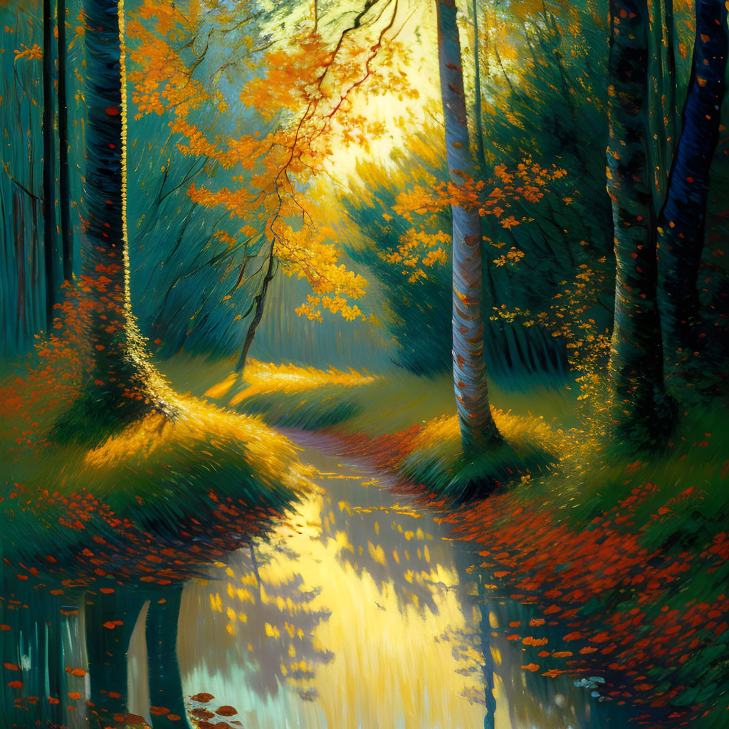 Tranquil autumn forest path with golden sunlight and vibrant foliage