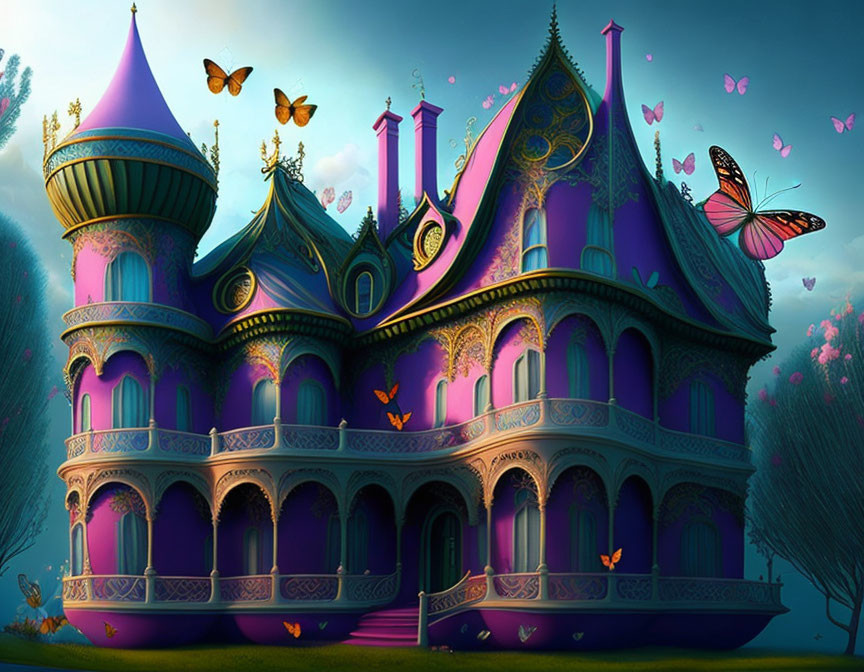 Fantasy castle in purple and blue with butterflies in lush greenery