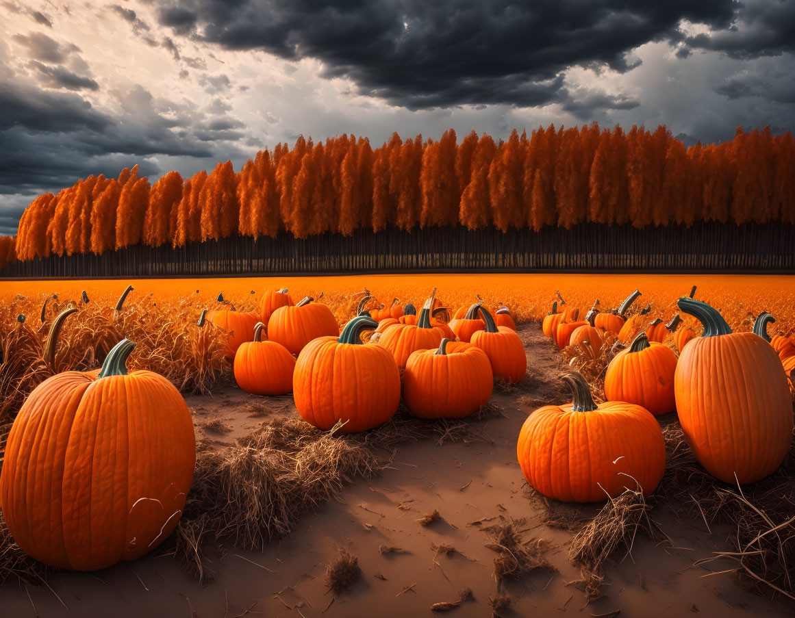 Ripe orange pumpkins in a pumpkin patch under dramatic sky