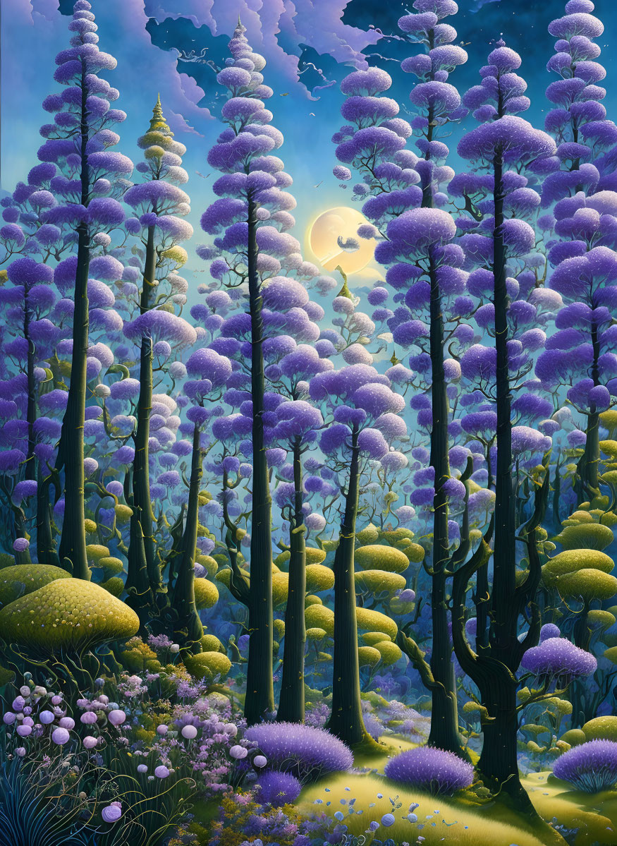 Moonlit forest with tall purple-topped trees and vibrant green underbrush