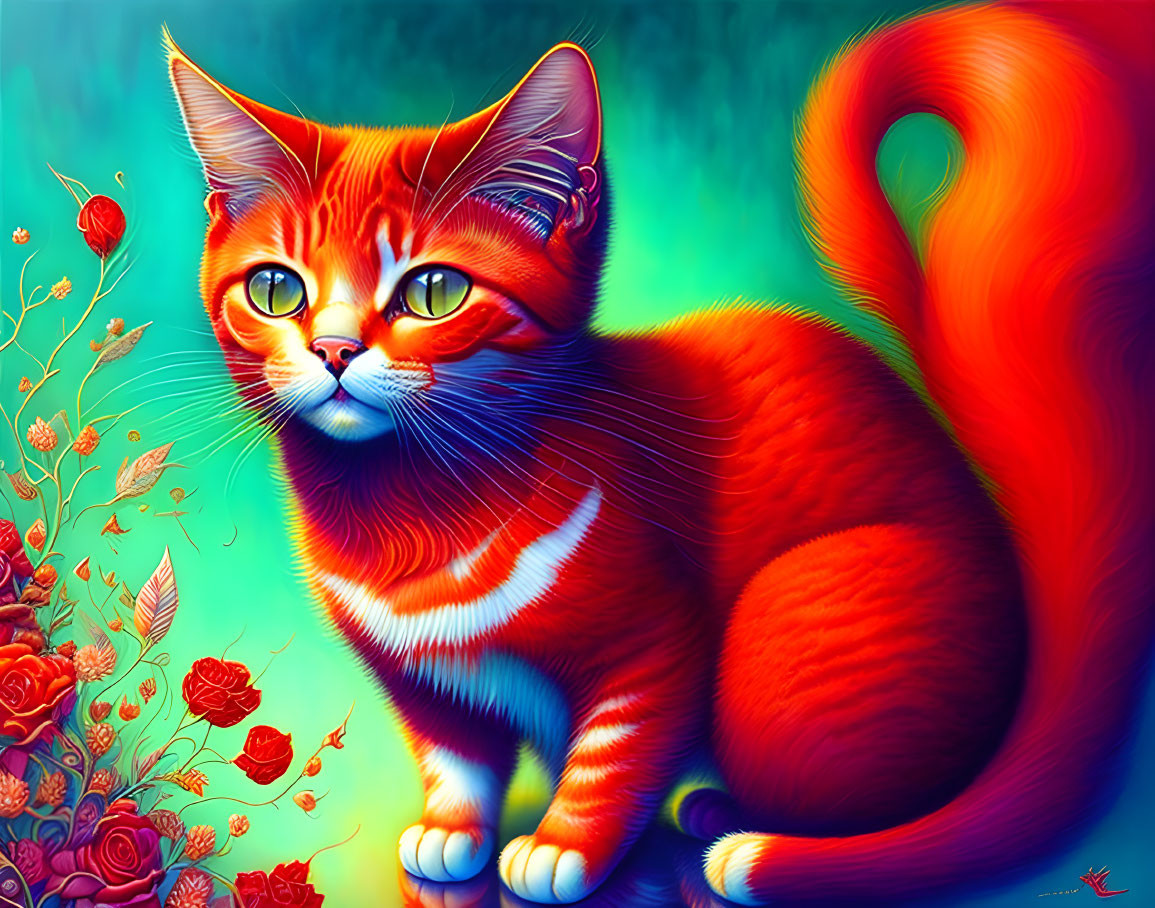 Colorful cat illustration with red stripes, big eyes, and roses on teal background