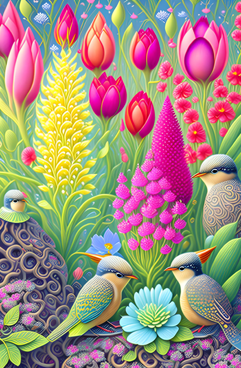 Vibrant illustration of stylized flowers and birds on ornamental background