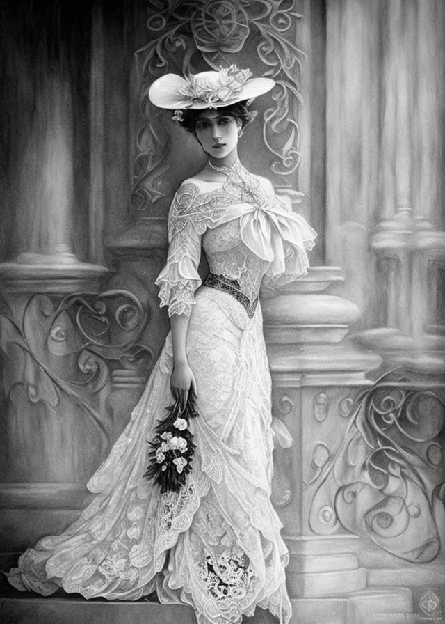 Vintage Lace Dress Woman with Bouquet on Stairs