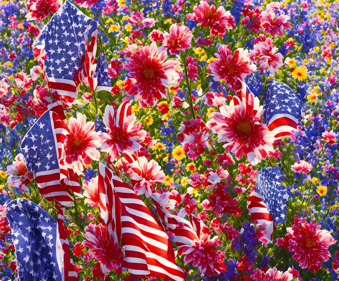 Vibrant multicolored flowers with American flags in bright sunlight