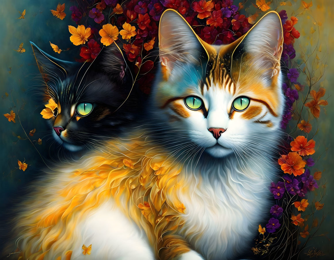 Vividly colored stylized cats amidst autumn leaves and striking eyes