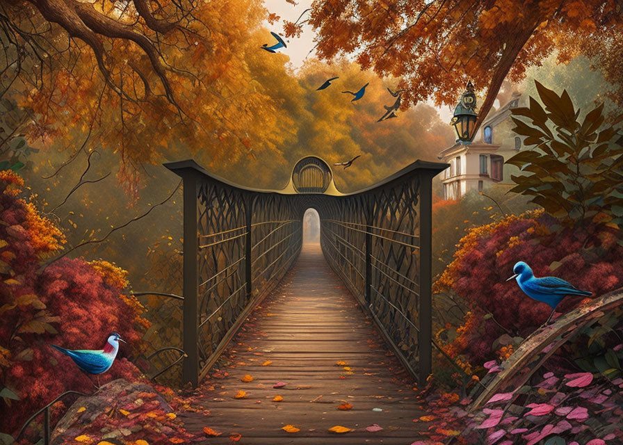 Tranquil autumn forest with wooden bridge, colorful foliage, and vibrant blue birds