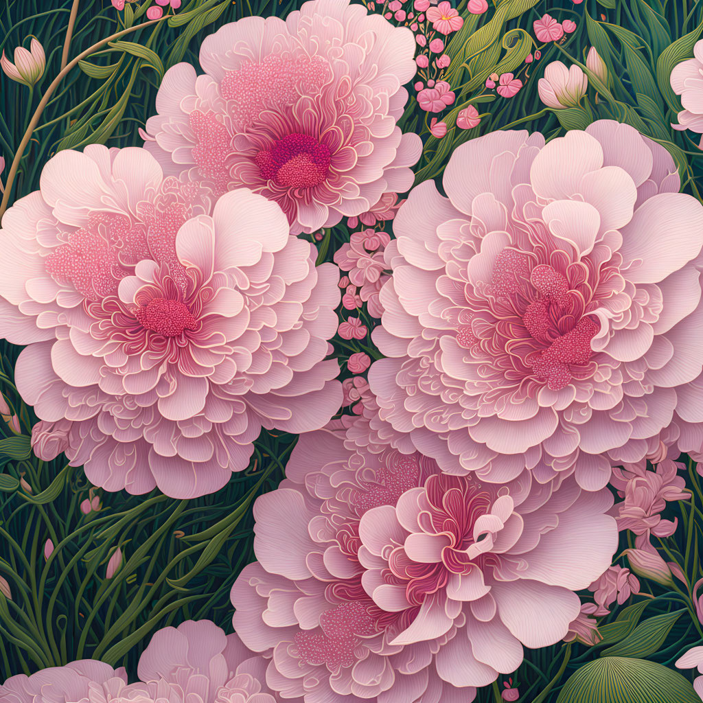 Detailed Pink Peonies Illustration with Green Foliage