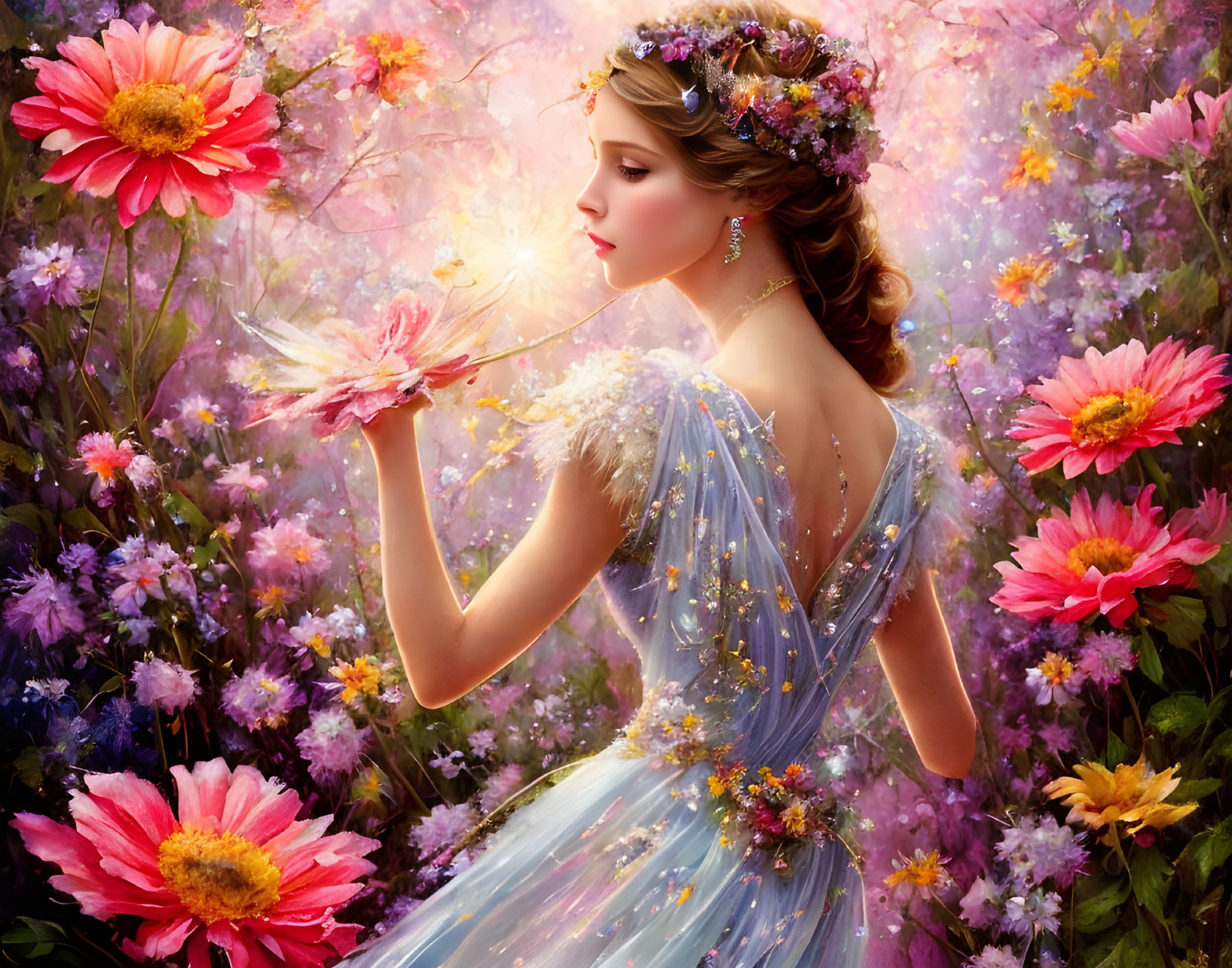 Woman in floral dress with glowing feather and crown among vibrant flowers