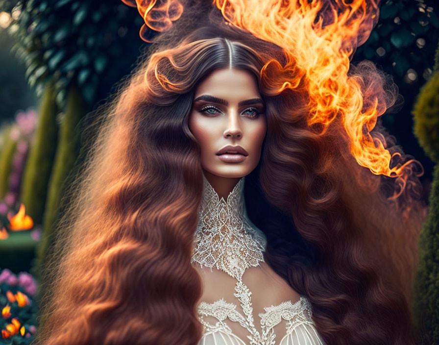 Woman with Voluminous Wavy Hair and Flames, Blue Eyes, Lace Dress in Garden