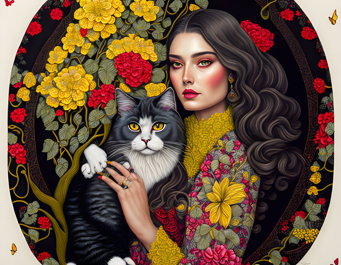 Colorful illustration of woman with cat in floral background