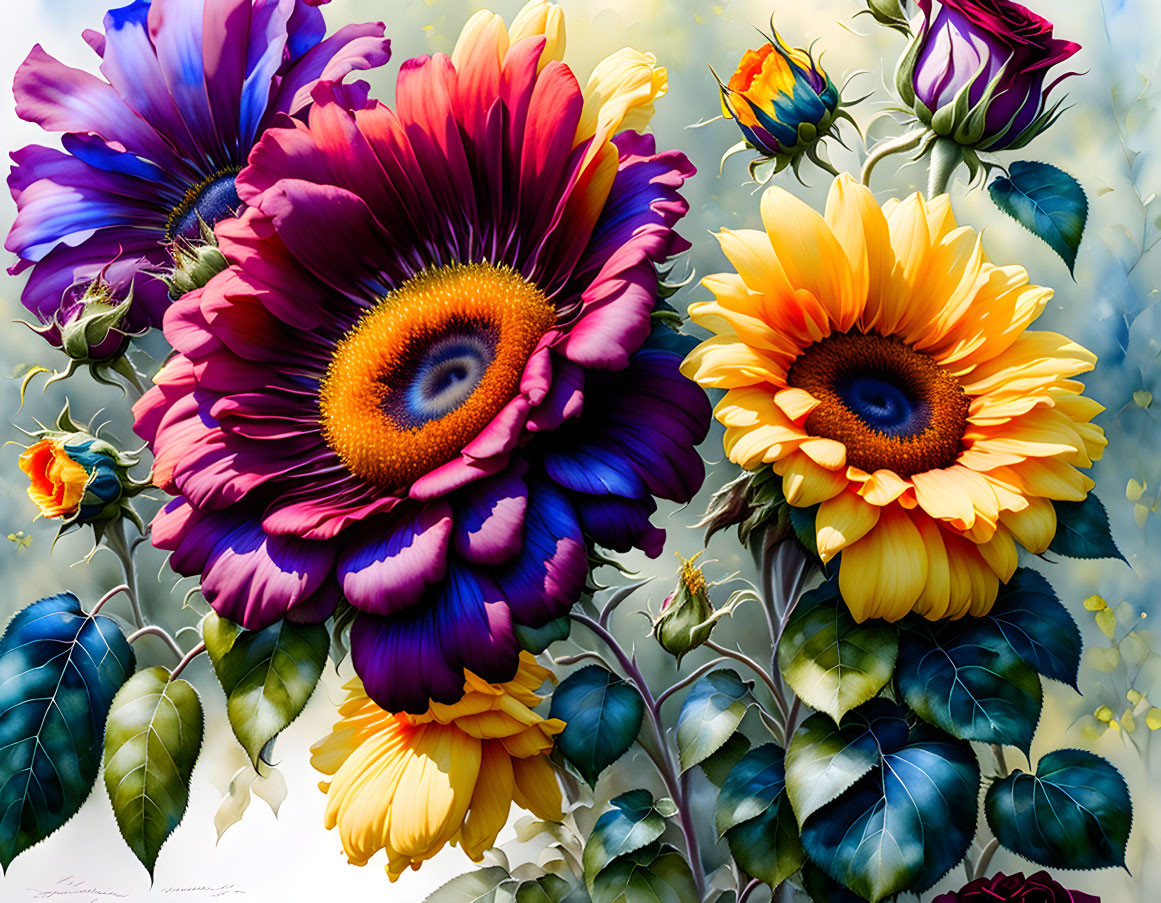 Colorful Oversized Fantastical Flowers with Eye-like Centers on Soft Cloudy Background