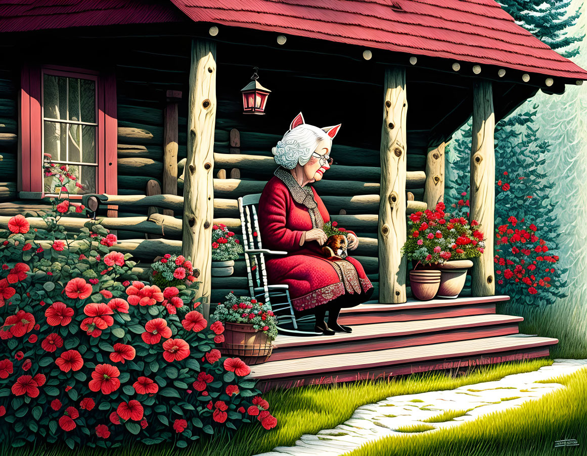 Elderly lady knitting on porch of log cabin with red flowers