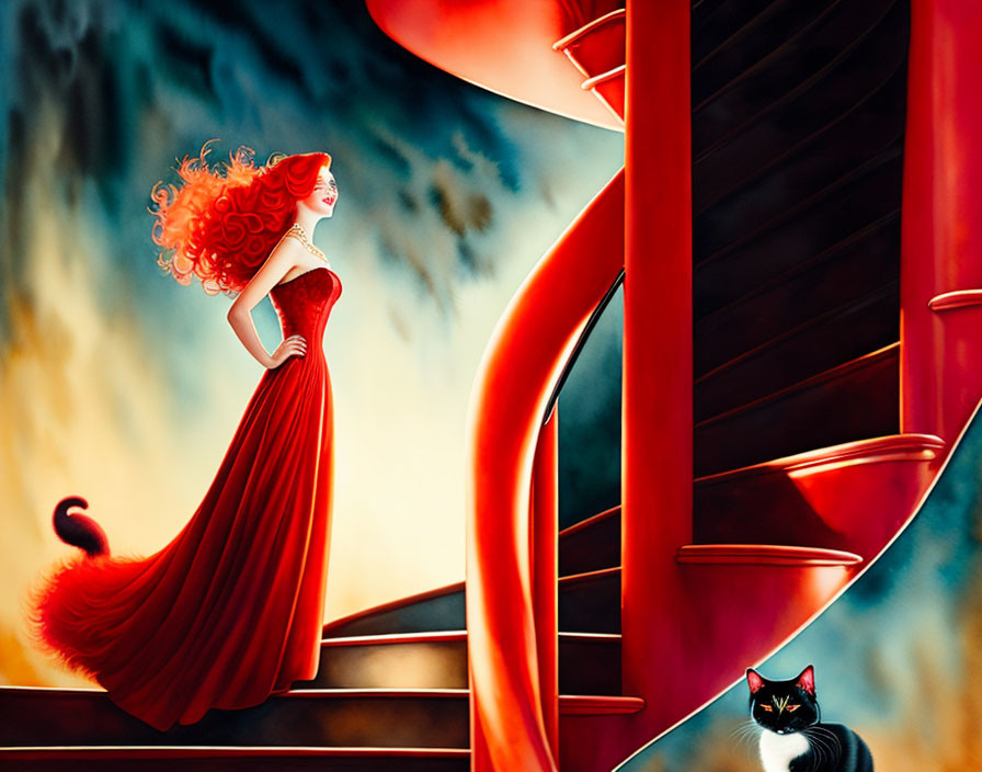 Woman in red dress with flowing red hair on curved staircase with black cat, whimsical cloudy background