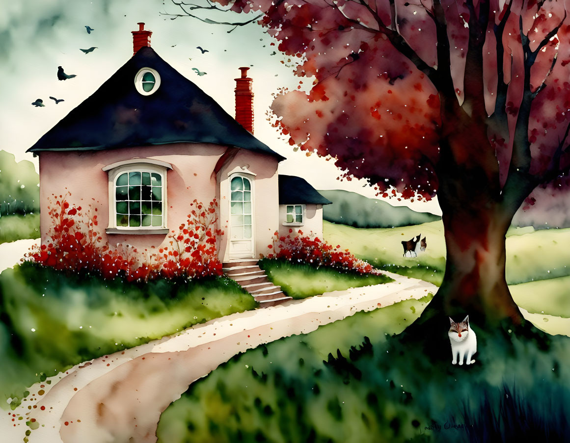 Tranquil countryside house with red flowers, cats, and autumn tree