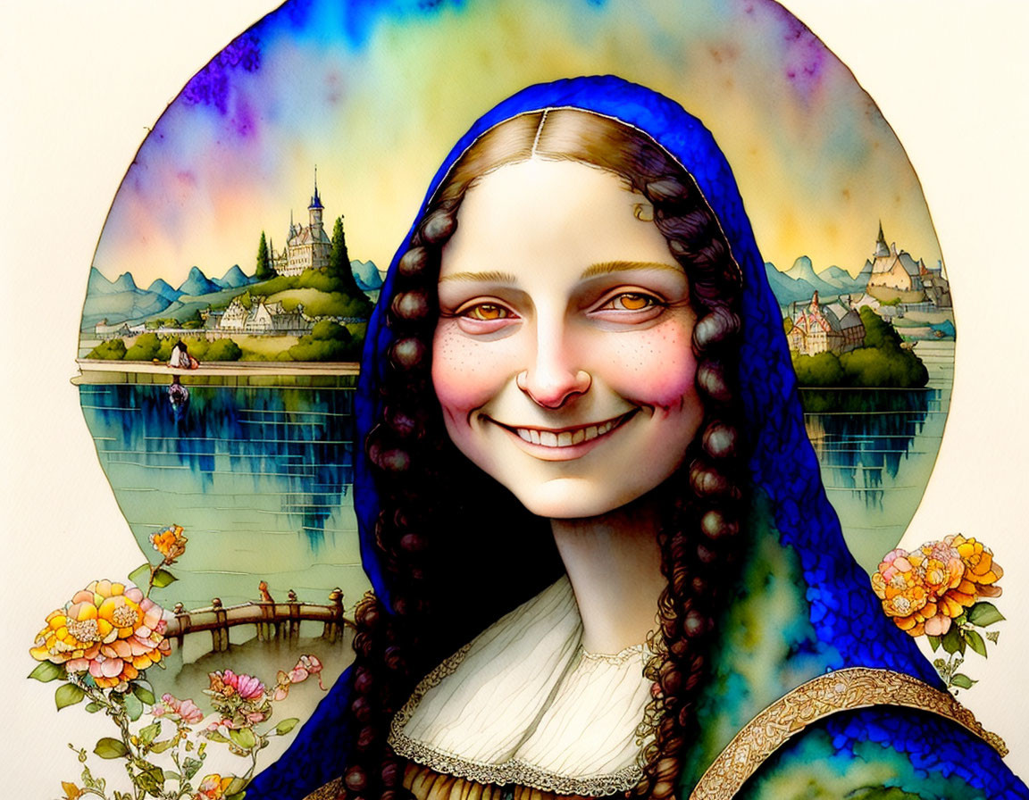 Colorful Mona Lisa Illustration with Whimsical Landscape