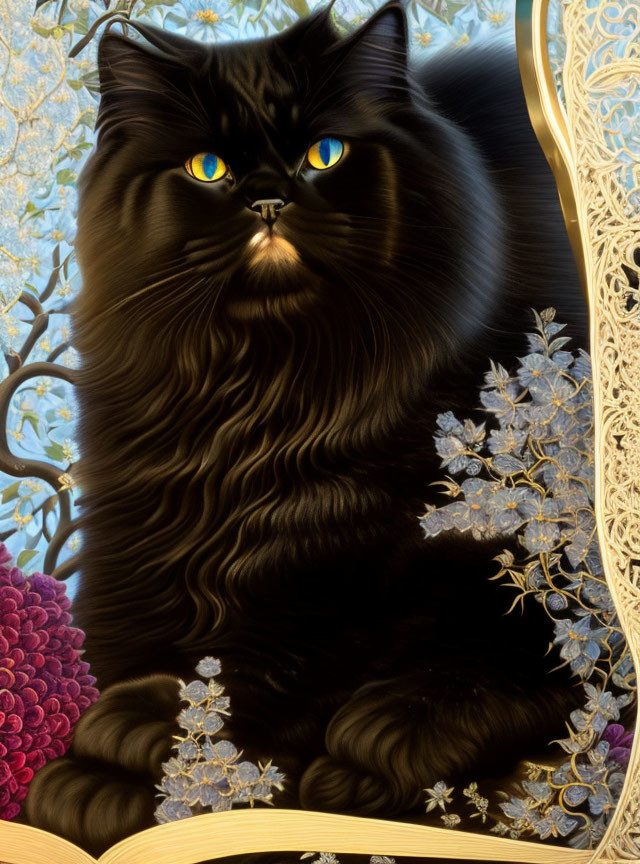 Black Cat with Striking Blue Eyes Against Golden Floral Patterns