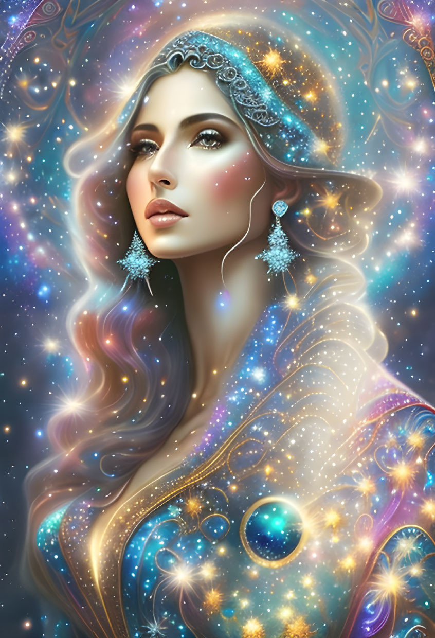 Ethereal woman with long wavy hair in celestial setting