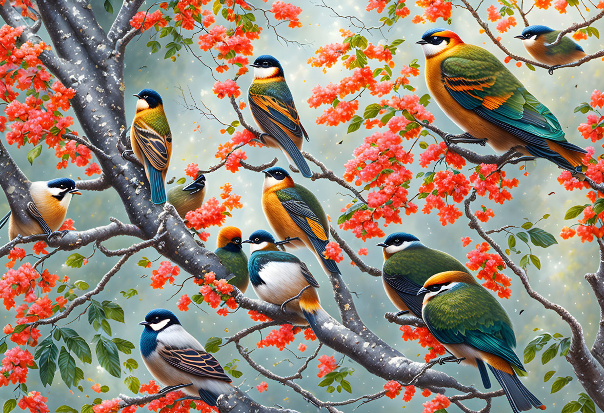 Vibrant birds on branches with orange blossoms in soft-focus setting