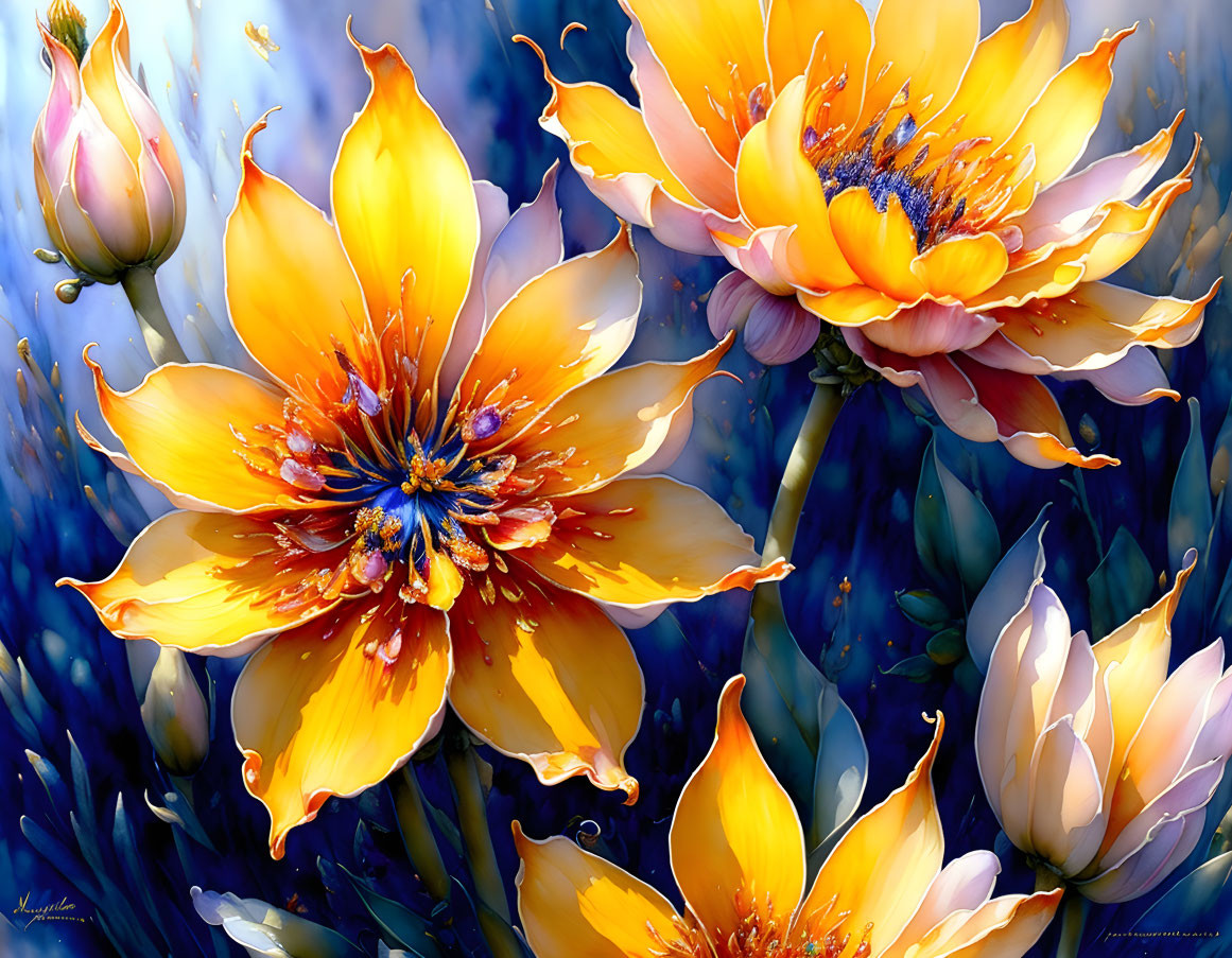 Detailed orange-yellow flowers on blue background: lively, fantasy scene.