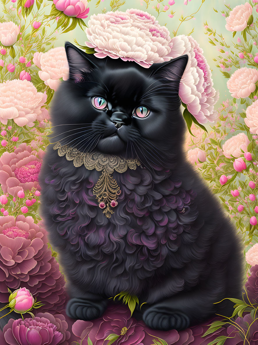 Black cat with blue eyes in lace collar & pendant among pink peonies