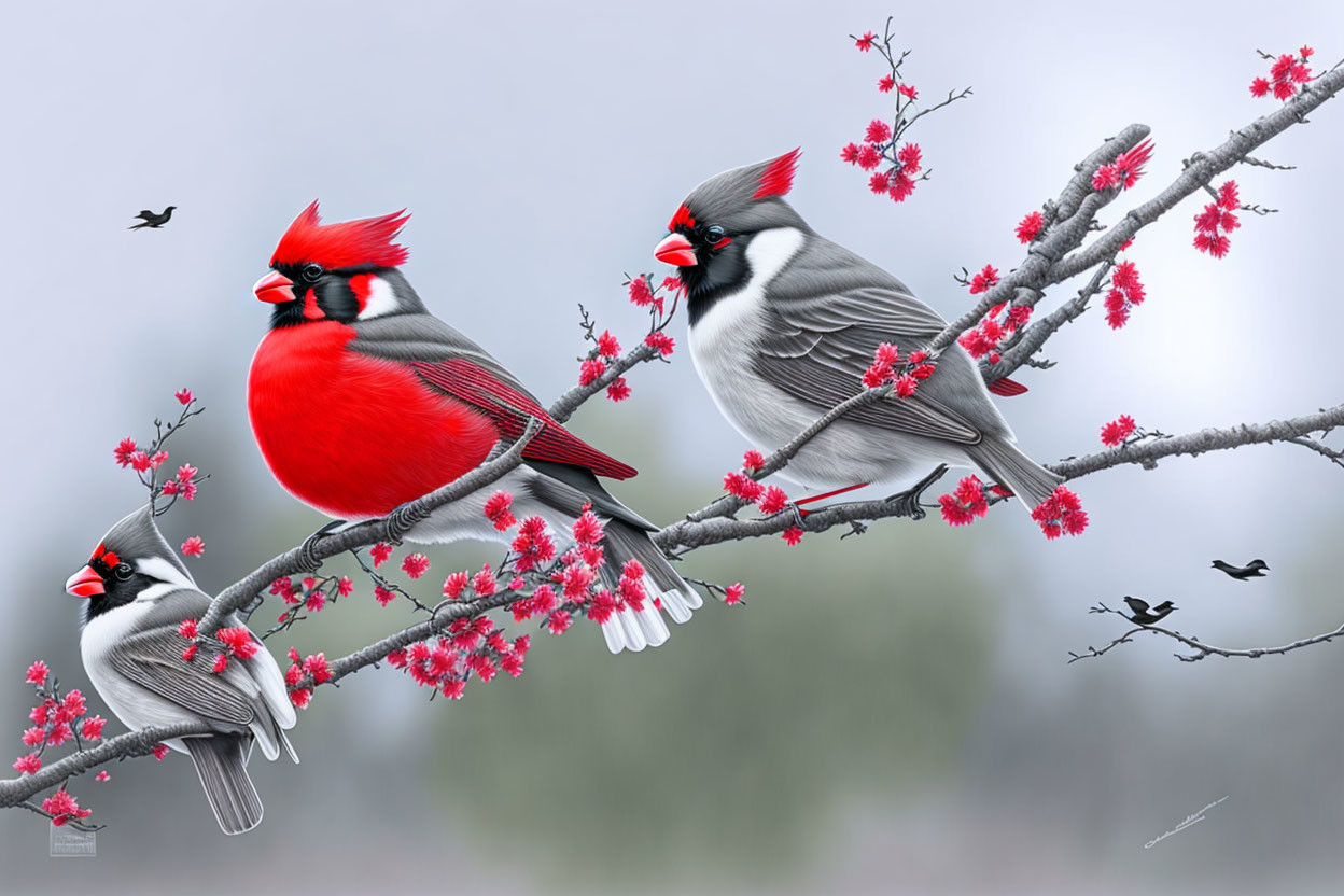 Two male and one female cardinals on branch with pink blossoms, two small birds flying