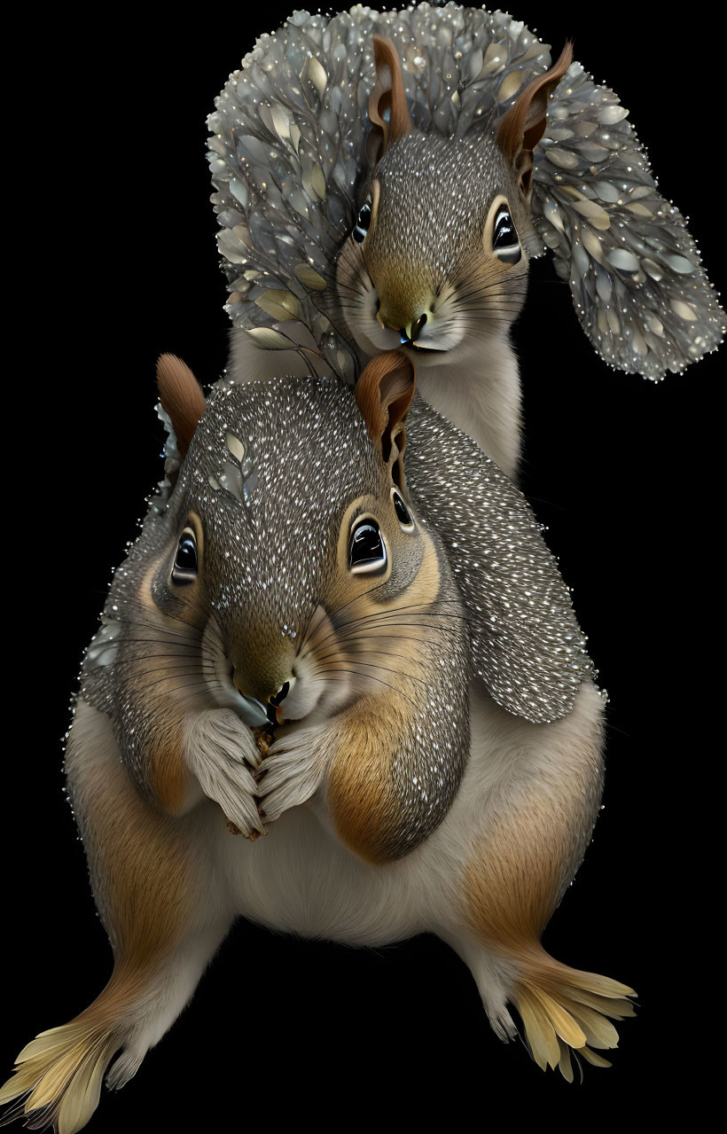 Illustrated gray squirrels with bushy tails on black background