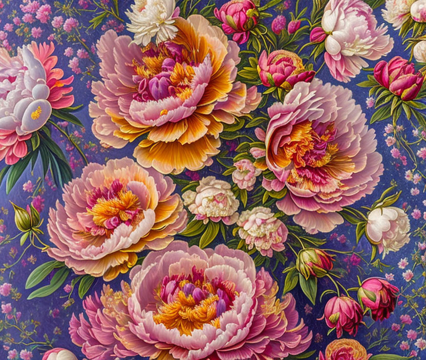 Colorful Peony Floral Pattern on Blue Background