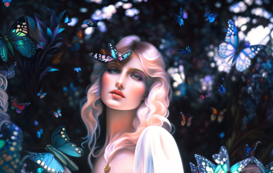 Surreal portrait: woman with pale skin, blonde hair, surrounded by butterflies in dark forest