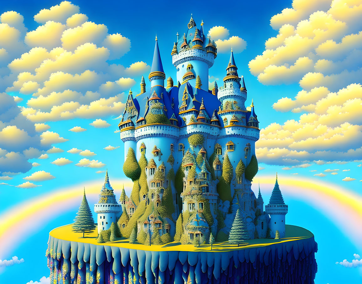 Fantastical floating castle with spires and double rainbow in sky