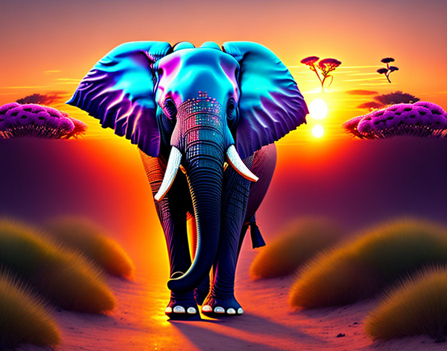 Colorful Digital Artwork: Elephant with Neon Patterns in Surreal Sunset