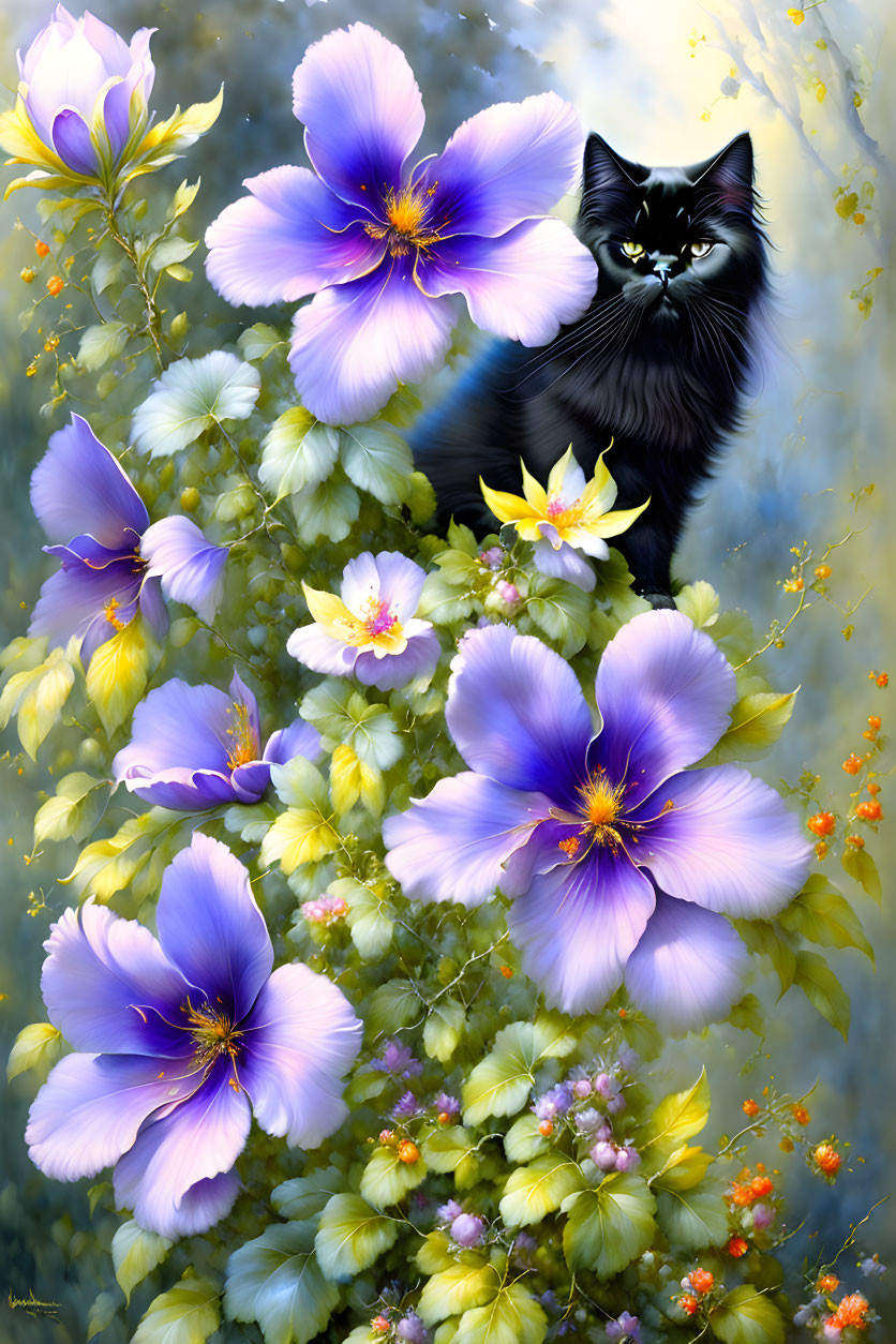 Black Cat with Green Eyes Among Purple and White Flowers