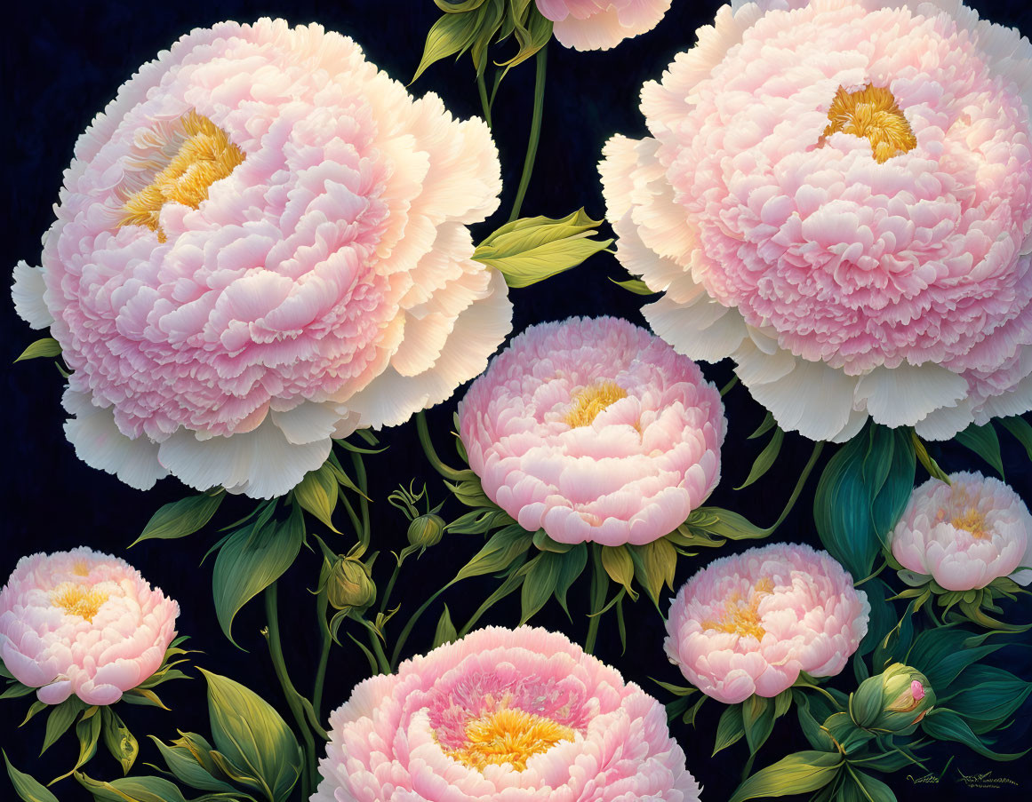 Colorful painting of lush pink peonies on black background