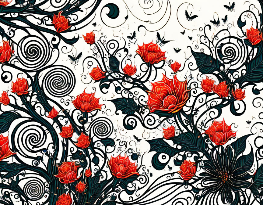 Detailed Floral Illustration: Red Roses, Dark Leaves, Swirls, Butterflies