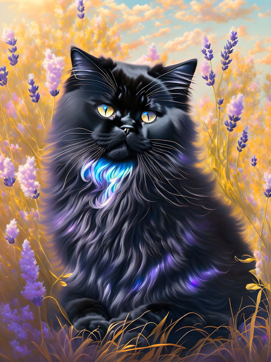 Majestic black cat with blue eyes in golden and purple grass