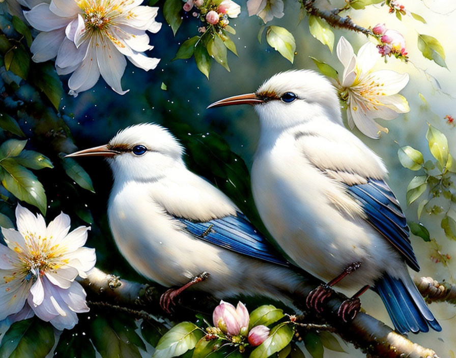 White Birds with Blue Wing Feathers Perched Among Pink and White Flowers