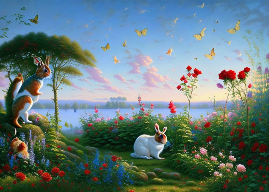 Tranquil landscape with rabbits, flowers, butterflies, lake, and twilight sky