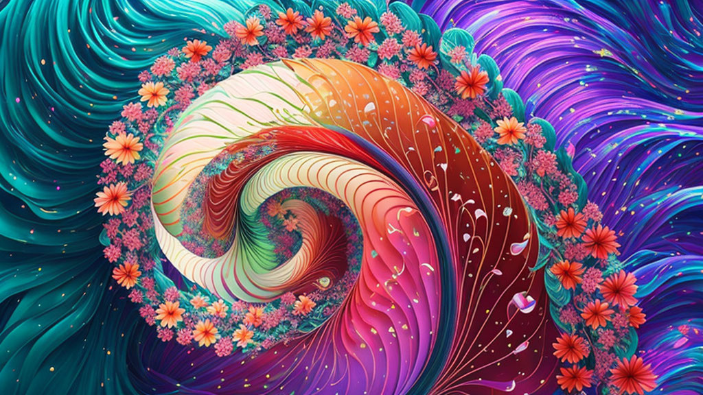 Colorful digital art: Swirling blue, teal, and red patterns with flowers