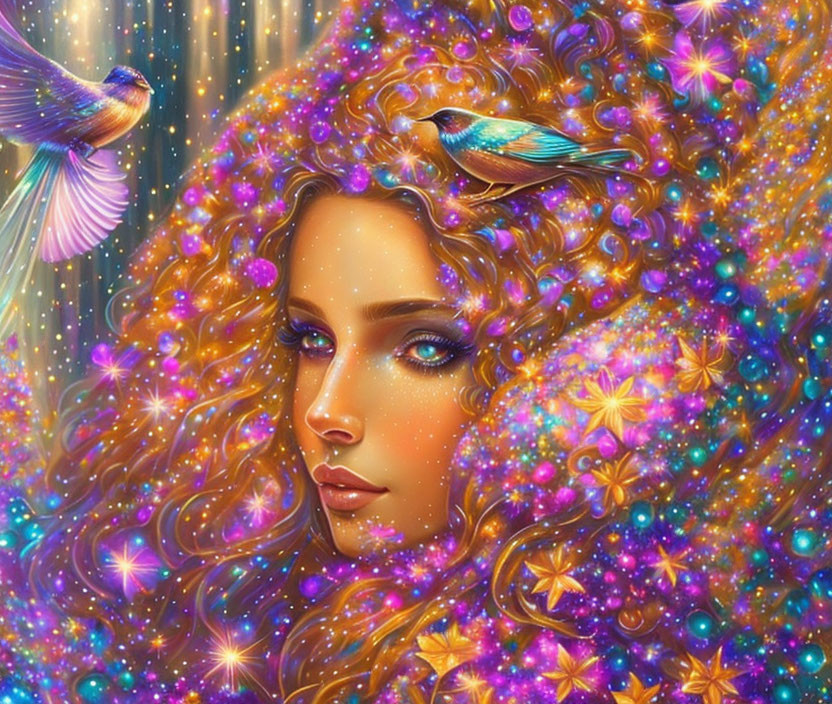 Colorful digital artwork: Woman with curly hair, stars, flowers, birds on cosmic backdrop