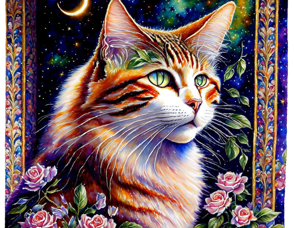 Colorful Cat Artwork with Starry Night Background and Floral Patterns