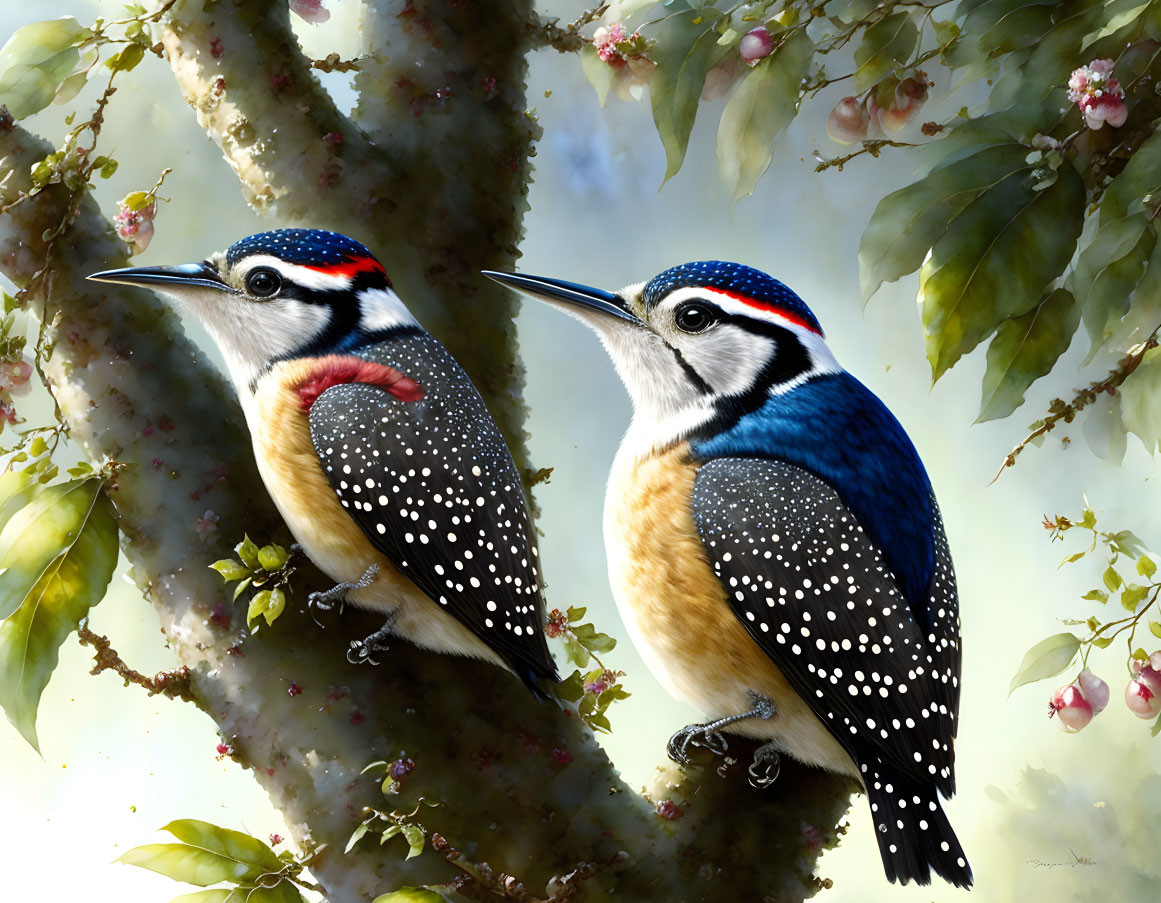 Vibrant red, blue, and white woodpeckers on branch with green leaves and pink