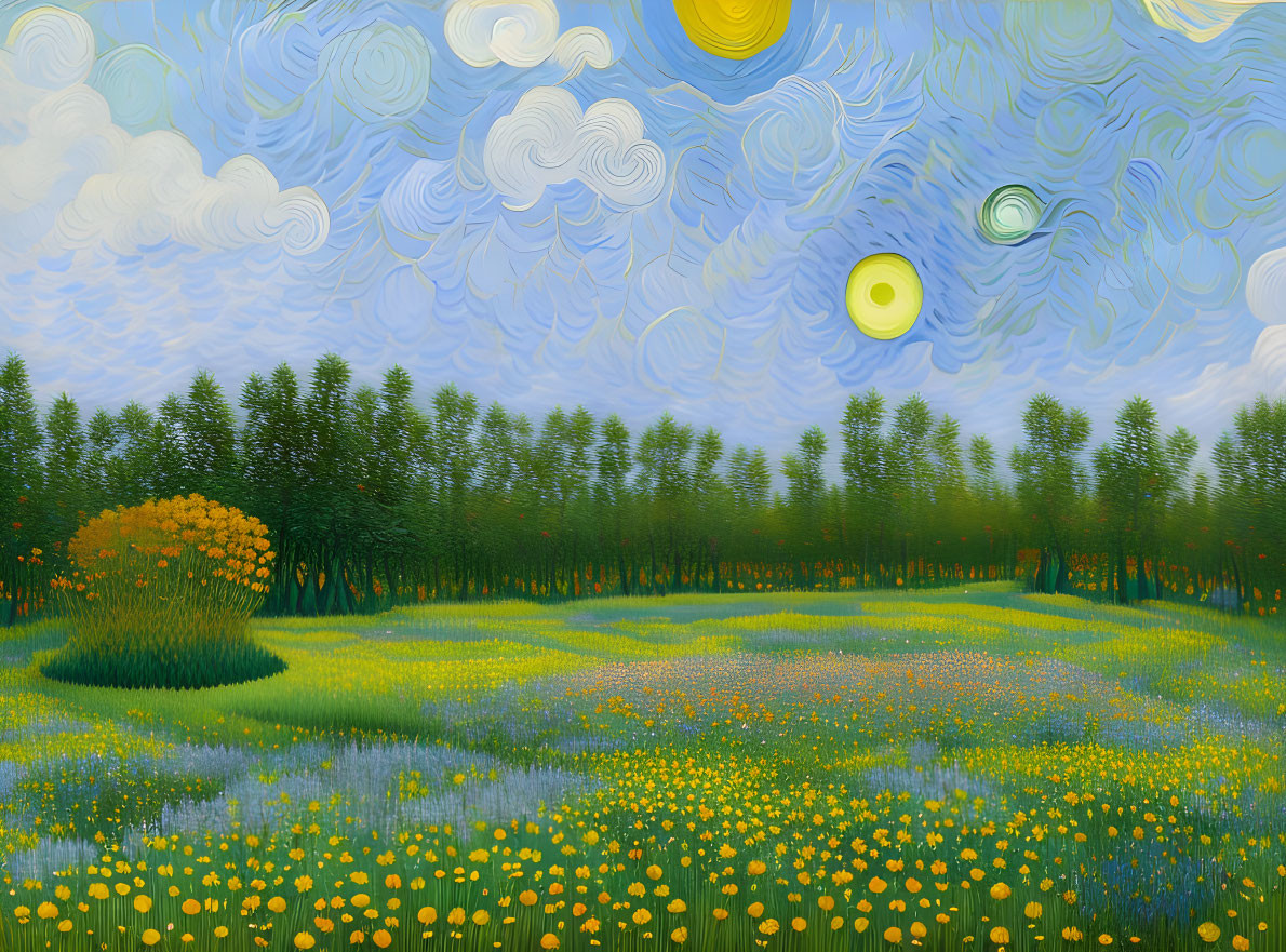 Impressionistic landscape painting with swirling skies and vibrant colors