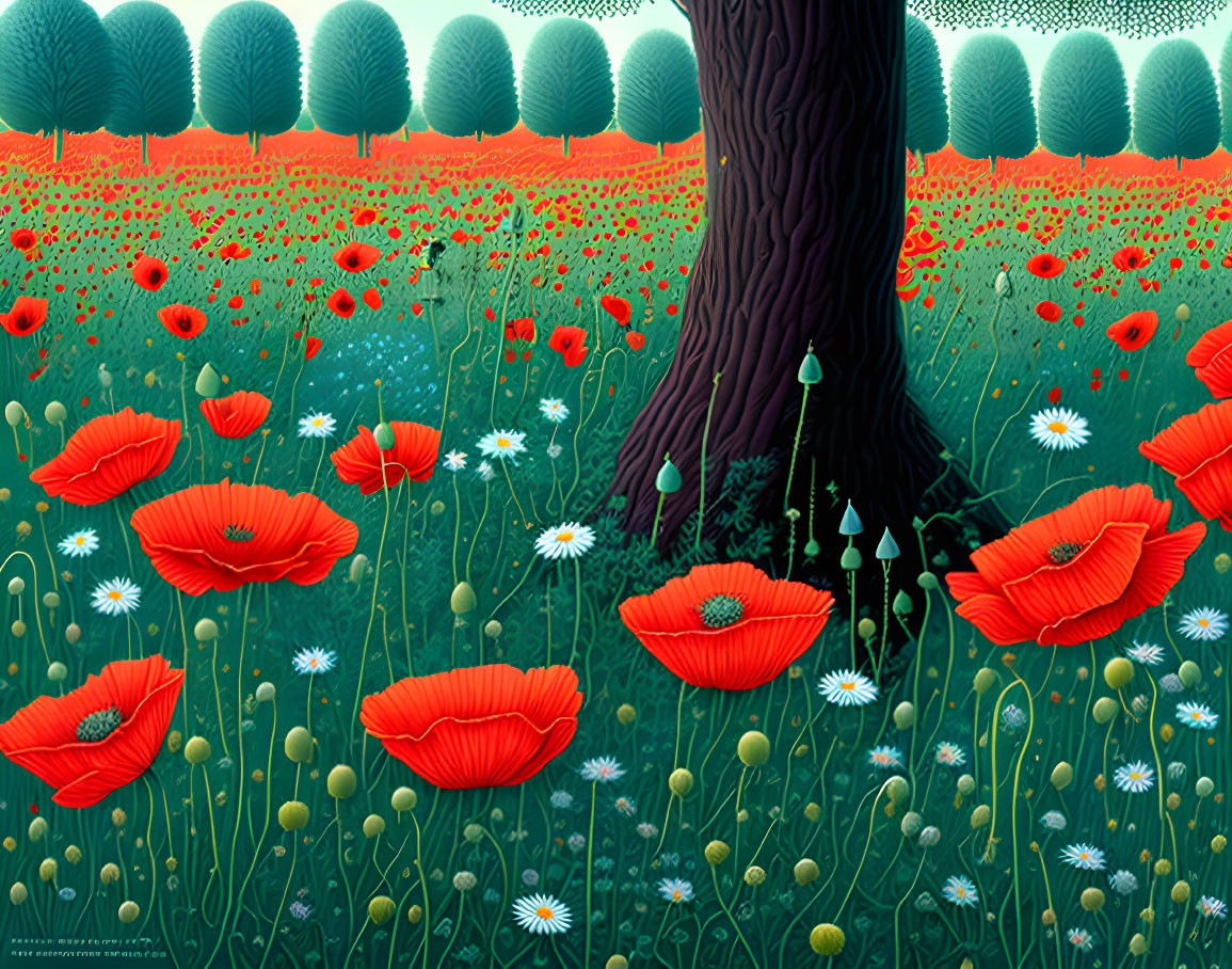 Colorful Floral Field with Red Poppies and White Daisies