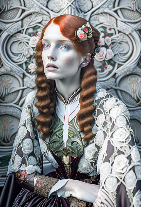 Red-haired woman in intricate attire against floral backdrop exudes mystical serenity.